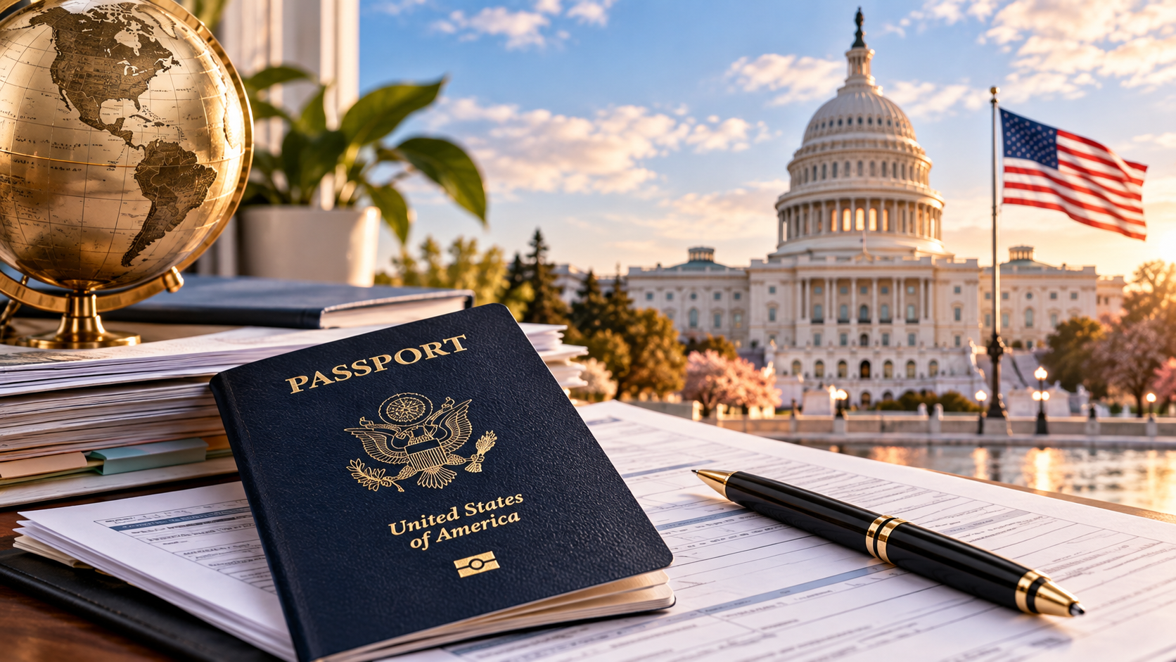 U.S. passport and immigration documents with the U.S. Capitol in the background
