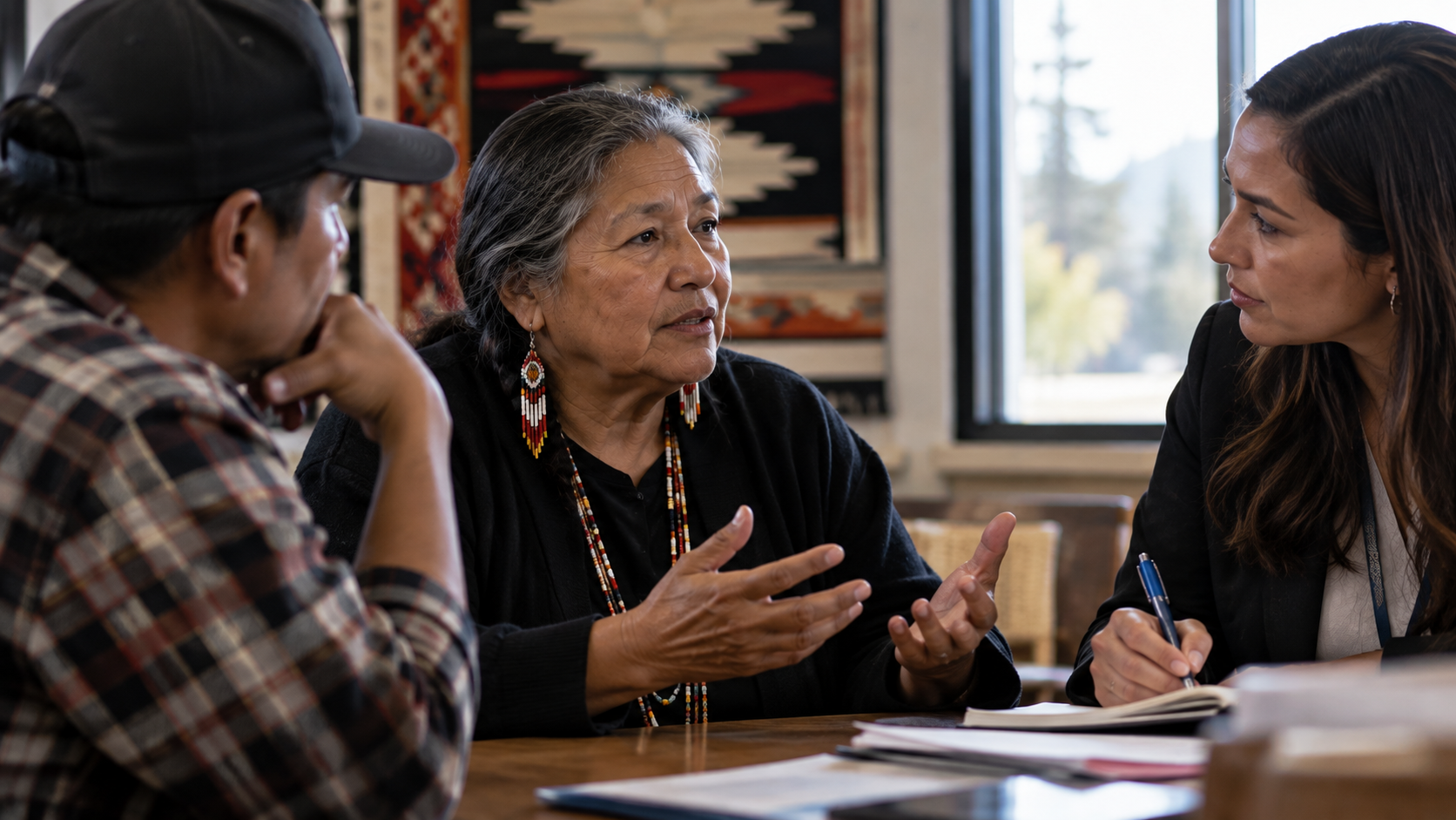 Indigenous woman speaking with two people during a language interpretation discussion